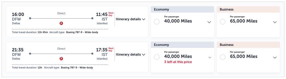 Turkish airlines business class award booking from DFW-IST for 65,000 miles one way.